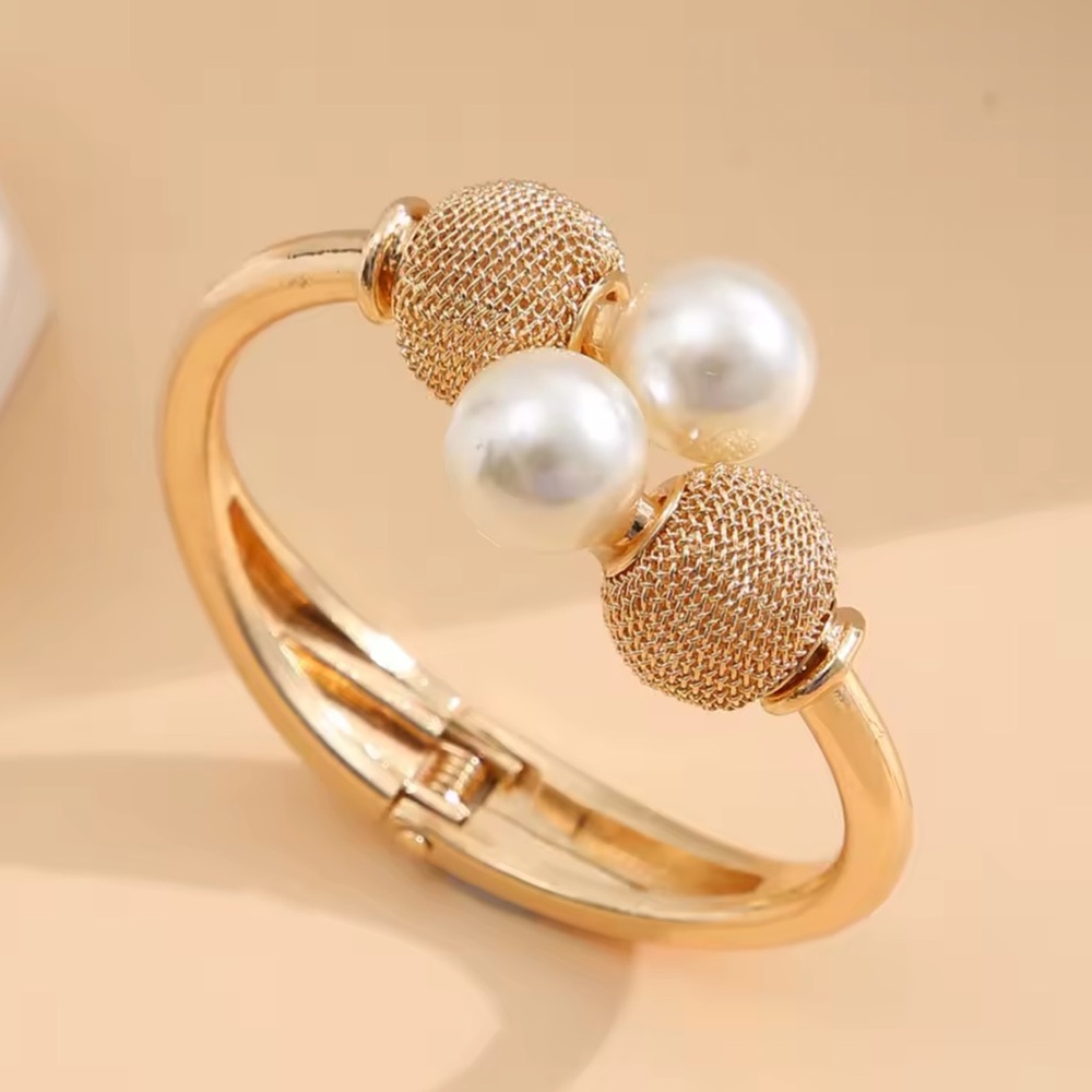 Vintage Geometric Gold Open Bangle with Pearl Ball Statement Bracelet - Picture 2 of 3
